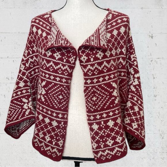 CAbi Red Ivory Fair Isle Nordic Shrug Cardigan Sweater 3/4 Sleeve 971 Size M - Picture 3 of 11